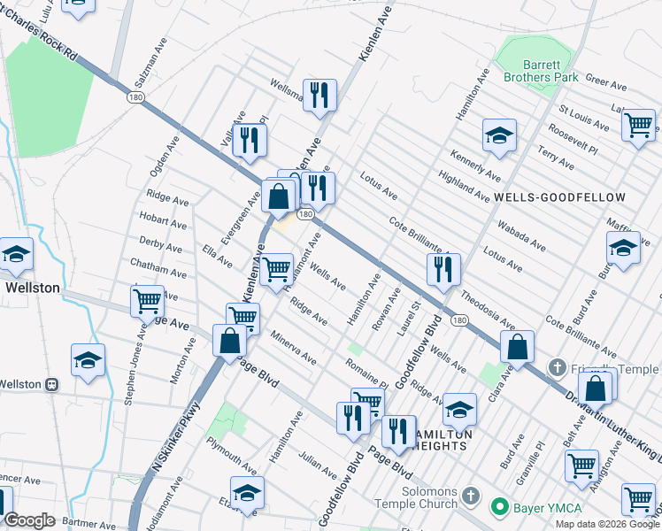 map of restaurants, bars, coffee shops, grocery stores, and more near 5942 Wells Avenue in St. Louis