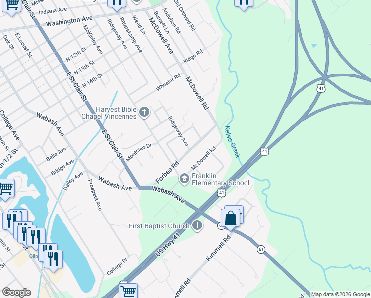 map of restaurants, bars, coffee shops, grocery stores, and more near 1811 Forbes Road in Vincennes