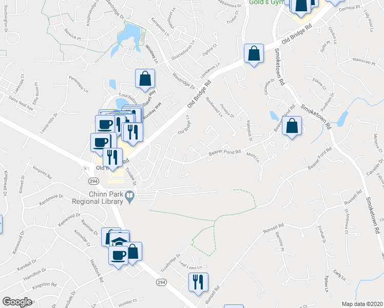 map of restaurants, bars, coffee shops, grocery stores, and more near 12830 Evansport Place in Woodbridge