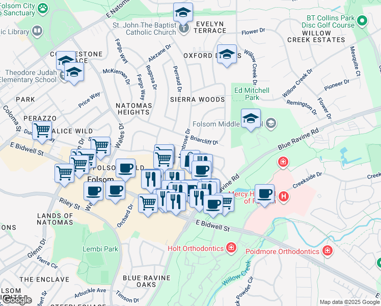 map of restaurants, bars, coffee shops, grocery stores, and more near 1308 School Street in Folsom