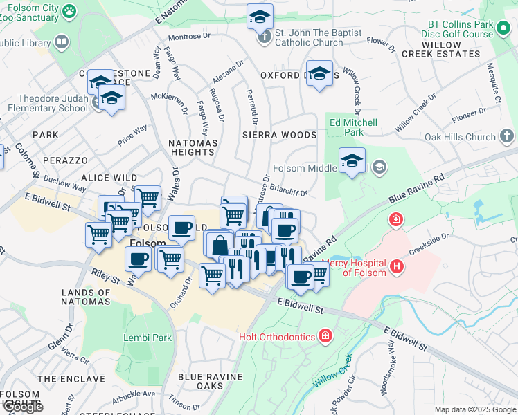 map of restaurants, bars, coffee shops, grocery stores, and more near 98 Montrose Drive in Folsom