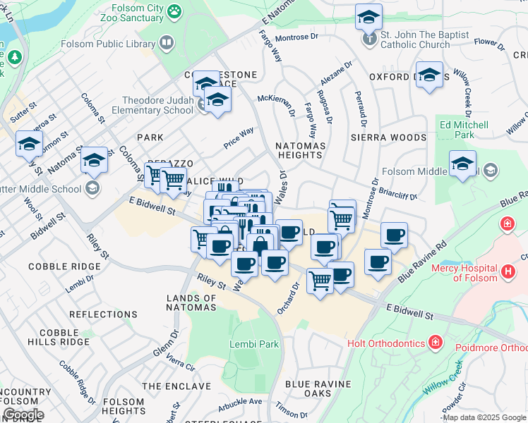 map of restaurants, bars, coffee shops, grocery stores, and more near 648 Duchow Way Bidwell Street Alley in Folsom