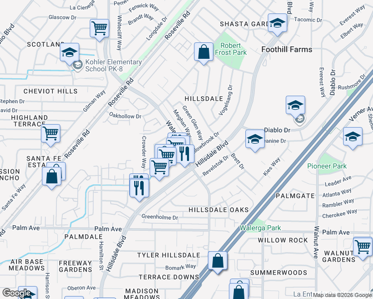 map of restaurants, bars, coffee shops, grocery stores, and more near 5749 Walerga Road in Sacramento