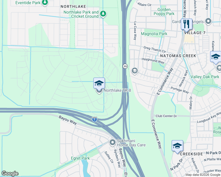 map of restaurants, bars, coffee shops, grocery stores, and more near Golden State Highway in Sacramento