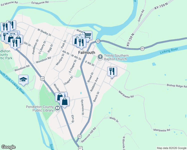 map of restaurants, bars, coffee shops, grocery stores, and more near 416 Robbins Avenue in Falmouth