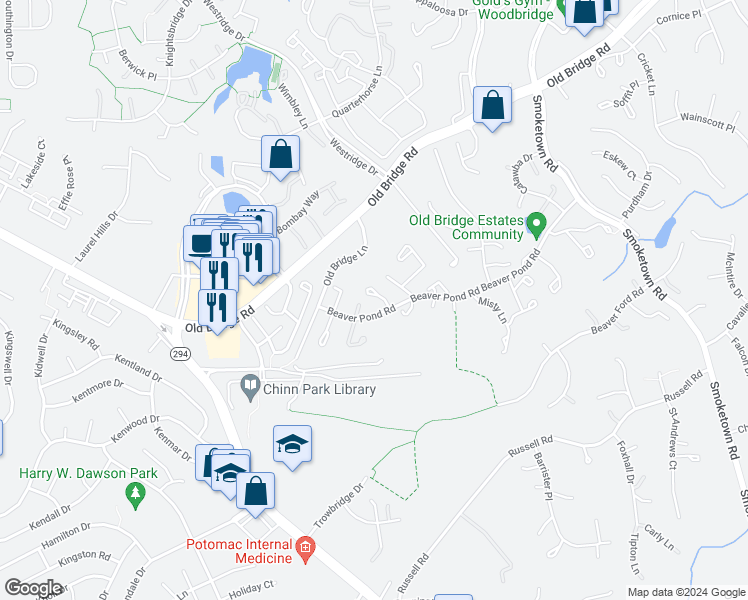 map of restaurants, bars, coffee shops, grocery stores, and more near 12832 Evansport Place in Woodbridge
