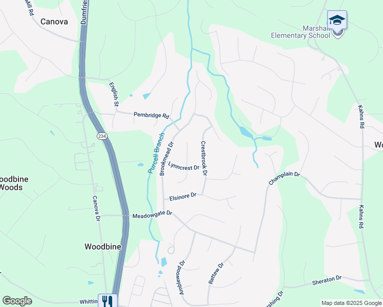 map of restaurants, bars, coffee shops, grocery stores, and more near 13085 Dove Tree Court in Manassas