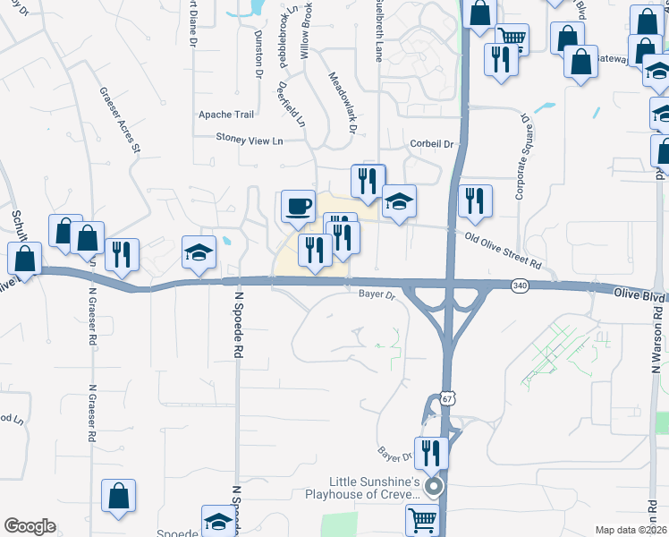 map of restaurants, bars, coffee shops, grocery stores, and more near 10453 Olive Boulevard in St. Louis