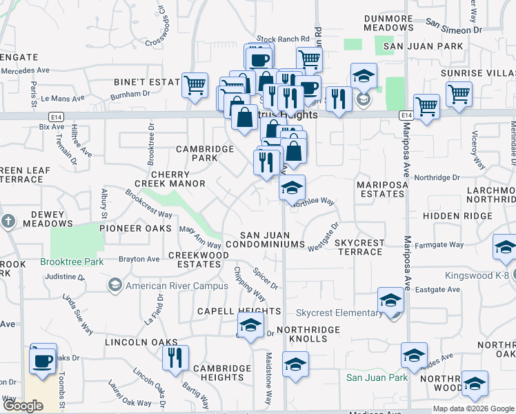 map of restaurants, bars, coffee shops, grocery stores, and more near 5900 Sperry Drive in Citrus Heights