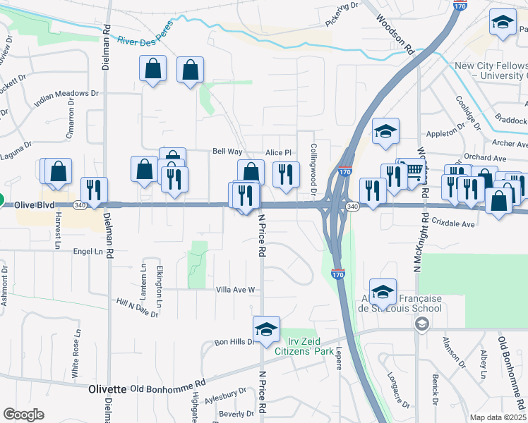 map of restaurants, bars, coffee shops, grocery stores, and more near Olive Crossing in Olivette