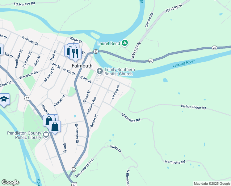 map of restaurants, bars, coffee shops, grocery stores, and more near Licking Street in Falmouth