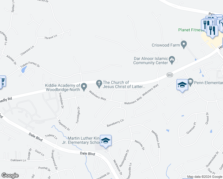 map of restaurants, bars, coffee shops, grocery stores, and more near 12857 Hoadly Manor Drive in Manassas
