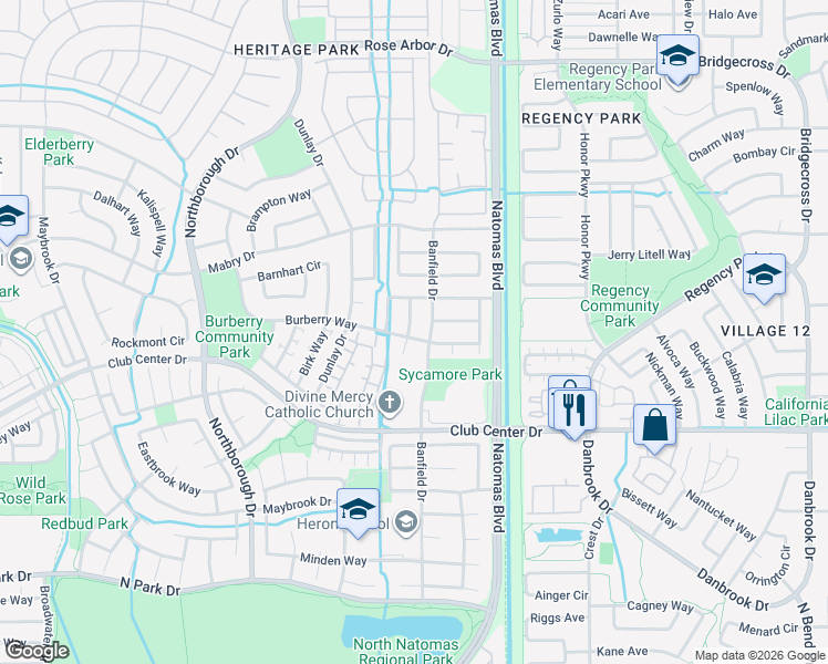 map of restaurants, bars, coffee shops, grocery stores, and more near 2221 Burberry Way in Sacramento