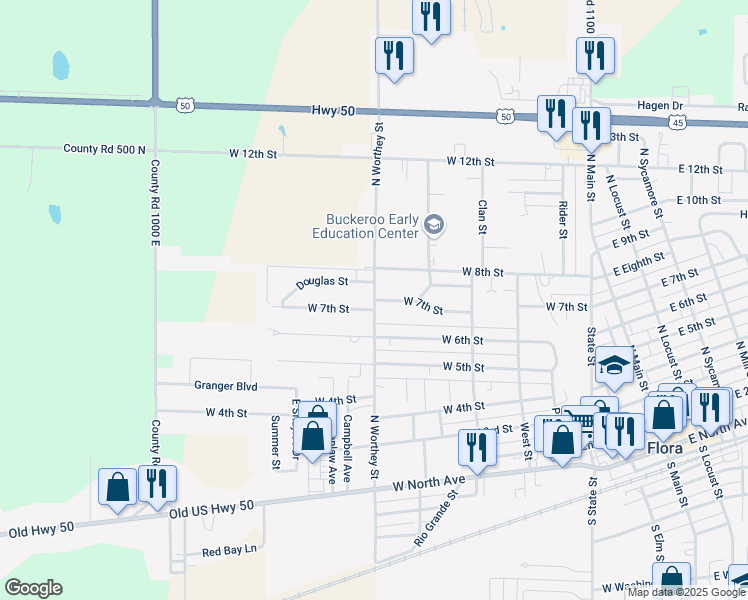 map of restaurants, bars, coffee shops, grocery stores, and more near 701 North Worthey Street in Flora