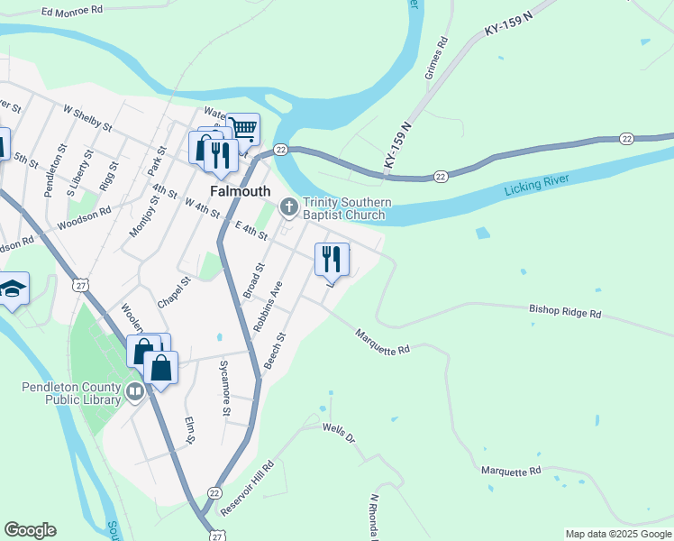 map of restaurants, bars, coffee shops, grocery stores, and more near Licking Street in Falmouth
