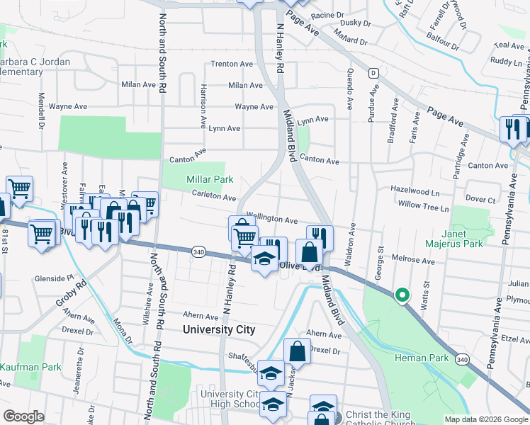 map of restaurants, bars, coffee shops, grocery stores, and more near 7424 Carleton Avenue in University City
