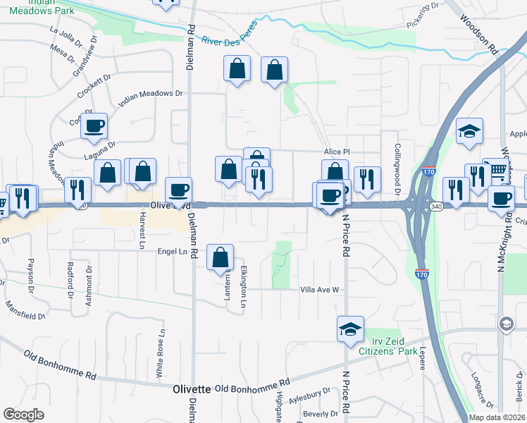 map of restaurants, bars, coffee shops, grocery stores, and more near 9345 Olive Boulevard in St. Louis