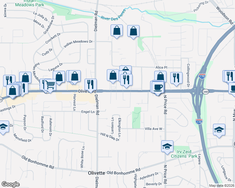 map of restaurants, bars, coffee shops, grocery stores, and more near 9371 Olive Boulevard in Olivette