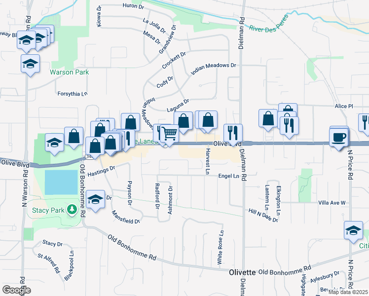 map of restaurants, bars, coffee shops, grocery stores, and more near 9495a Olive Saint Road in Olivette