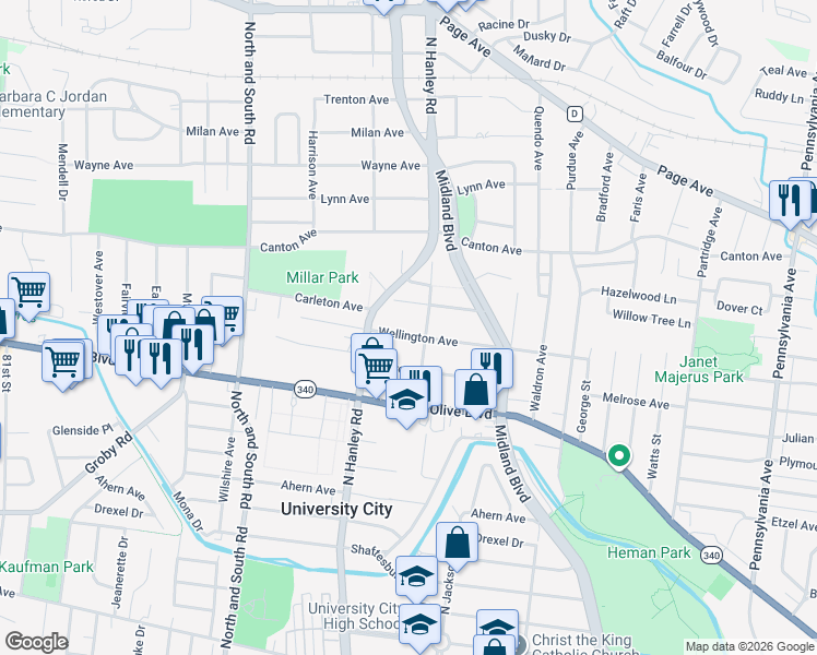 map of restaurants, bars, coffee shops, grocery stores, and more near 7424 Carleton Avenue in University City