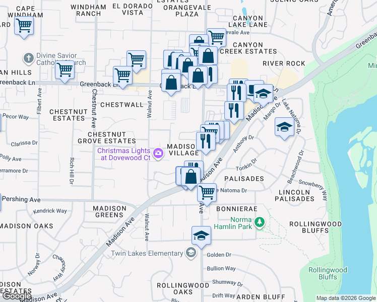 map of restaurants, bars, coffee shops, grocery stores, and more near 9396 River Oaks Lane in Orangevale