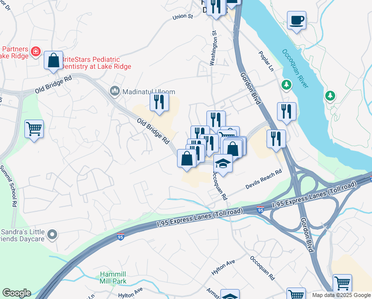 map of restaurants, bars, coffee shops, grocery stores, and more near 12859 Cara Drive in Woodbridge