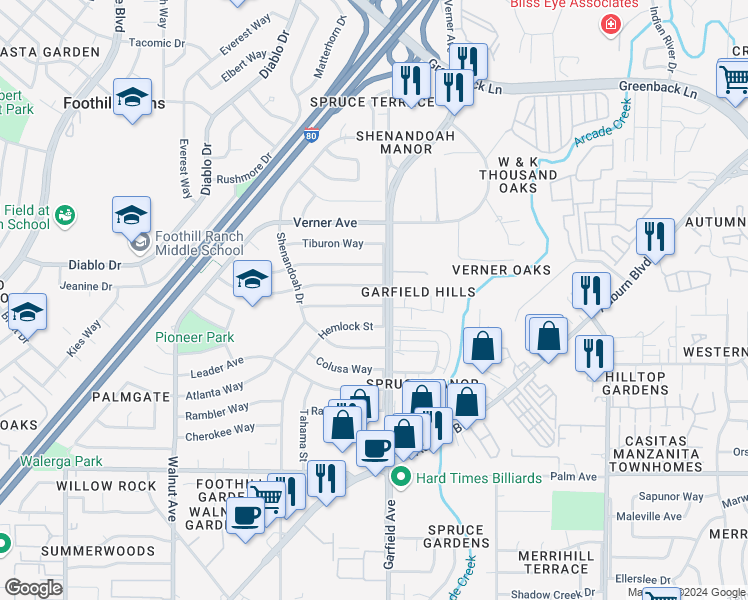 map of restaurants, bars, coffee shops, grocery stores, and more near 5421 Fort Sutter Way in Sacramento