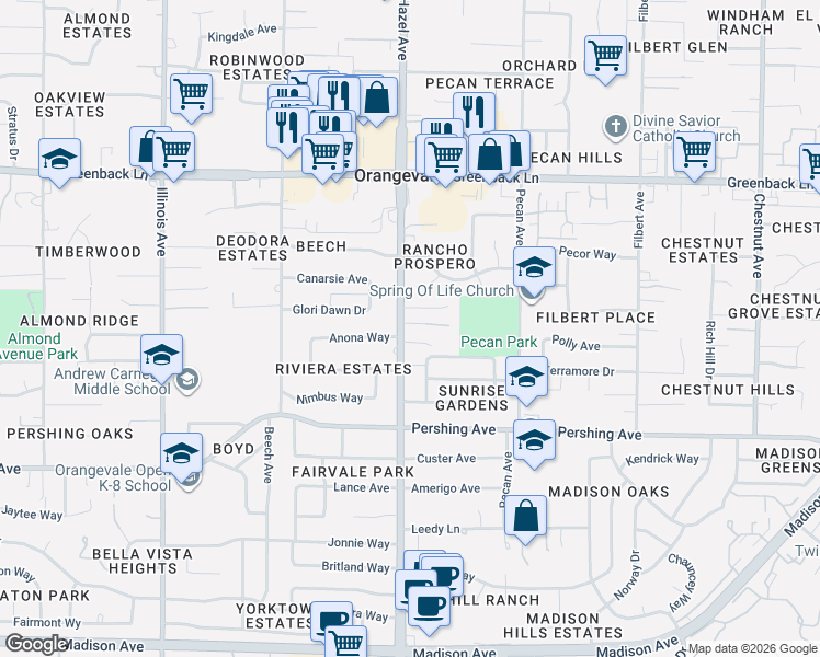 map of restaurants, bars, coffee shops, grocery stores, and more near 5926 Hazel Avenue in Orangevale