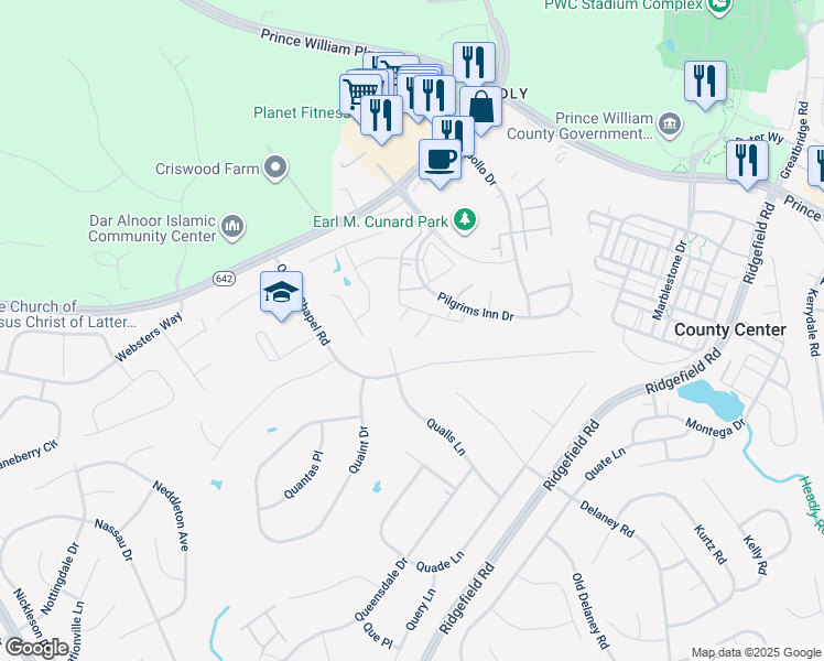 map of restaurants, bars, coffee shops, grocery stores, and more near 5152 Meeting Place in Woodbridge