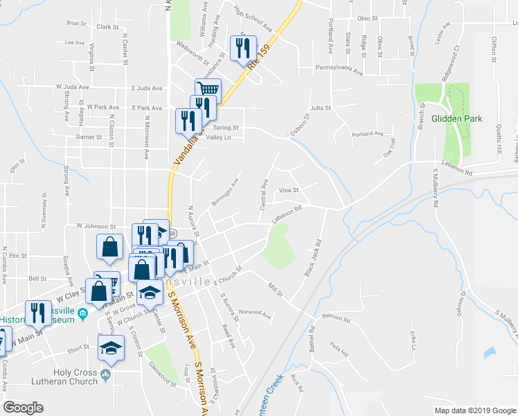 map of restaurants, bars, coffee shops, grocery stores, and more near 217 Central Avenue in Collinsville