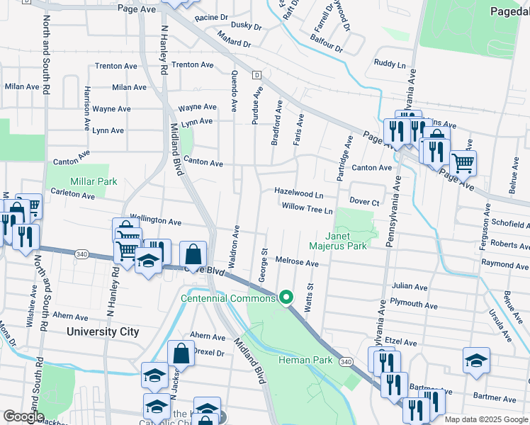 map of restaurants, bars, coffee shops, grocery stores, and more near 1344 Purdue Avenue in University City