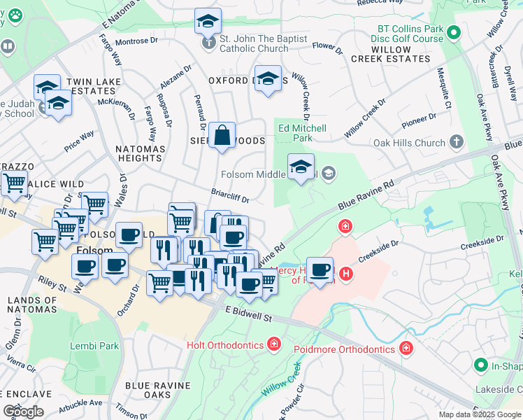 map of restaurants, bars, coffee shops, grocery stores, and more near 104 Briarcliff Court in Folsom