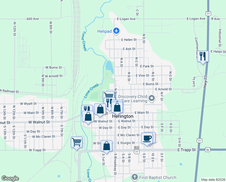 map of restaurants, bars, coffee shops, grocery stores, and more near 410 N Broadway St in Herington