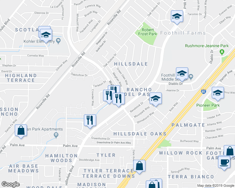 map of restaurants, bars, coffee shops, grocery stores, and more near 5900 Walerga Road in Sacramento