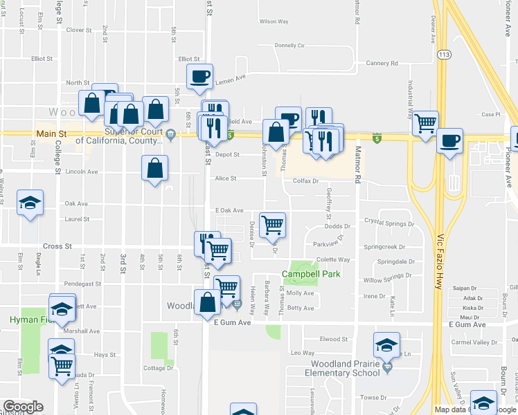 map of restaurants, bars, coffee shops, grocery stores, and more near 530 Johnston Street in Woodland