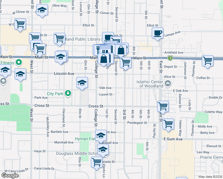 map of restaurants, bars, coffee shops, grocery stores, and more near 537 1st Street in Woodland