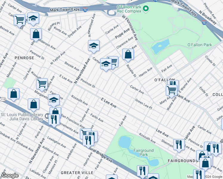 map of restaurants, bars, coffee shops, grocery stores, and more near 4236 Athlone Avenue in St. Louis