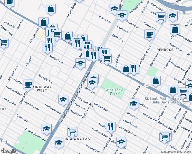 map of restaurants, bars, coffee shops, grocery stores, and more near 3347 Aubert Avenue in St. Louis