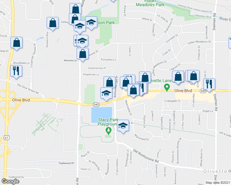 map of restaurants, bars, coffee shops, grocery stores, and more near 1116 Bonhomme Lake Drive in Olivette