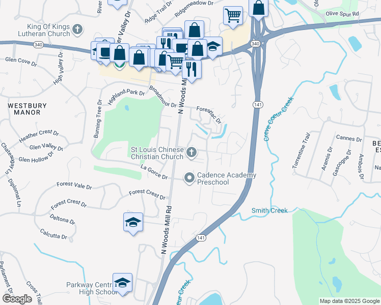 map of restaurants, bars, coffee shops, grocery stores, and more near 13467 Land O Woods Drive in Chesterfield