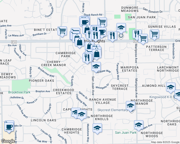 map of restaurants, bars, coffee shops, grocery stores, and more near 5997 San Juan Avenue in Citrus Heights