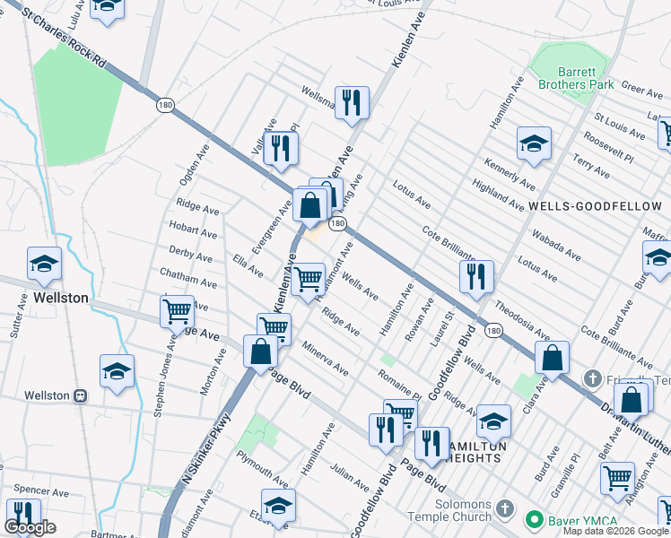 map of restaurants, bars, coffee shops, grocery stores, and more near Wells Ave & Hodiamont Ave in St. Louis