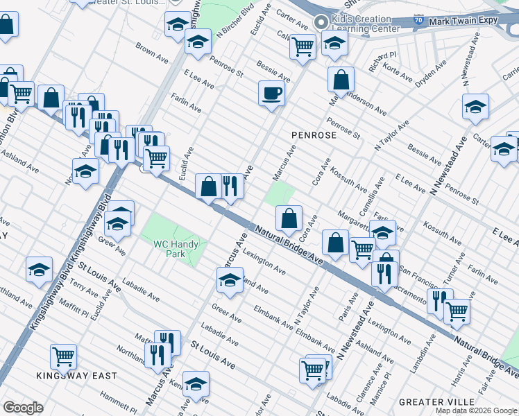 map of restaurants, bars, coffee shops, grocery stores, and more near 3878 Marcus Avenue in St. Louis
