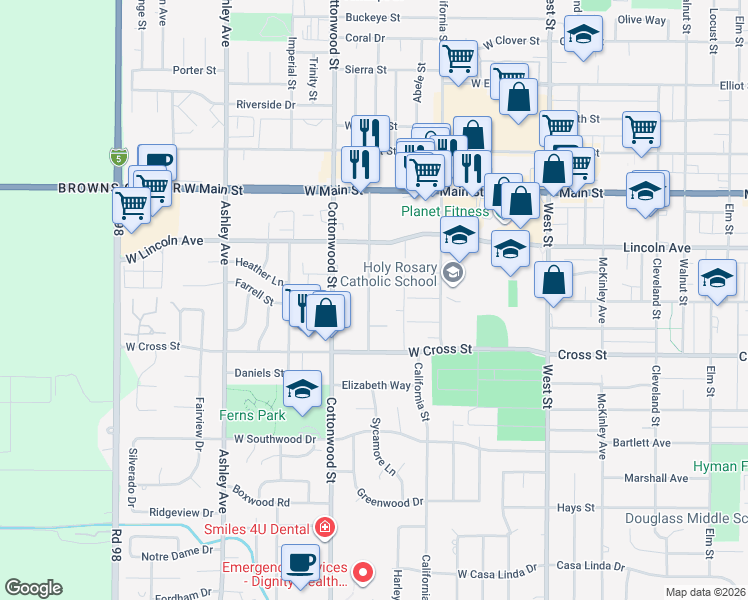 map of restaurants, bars, coffee shops, grocery stores, and more near 555 Community Lane in Woodland