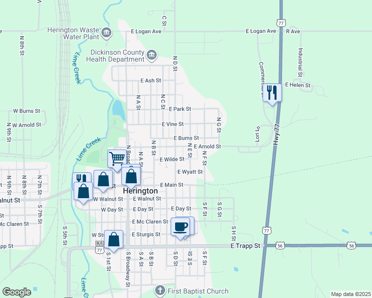 map of restaurants, bars, coffee shops, grocery stores, and more near 408 N D St in Herington