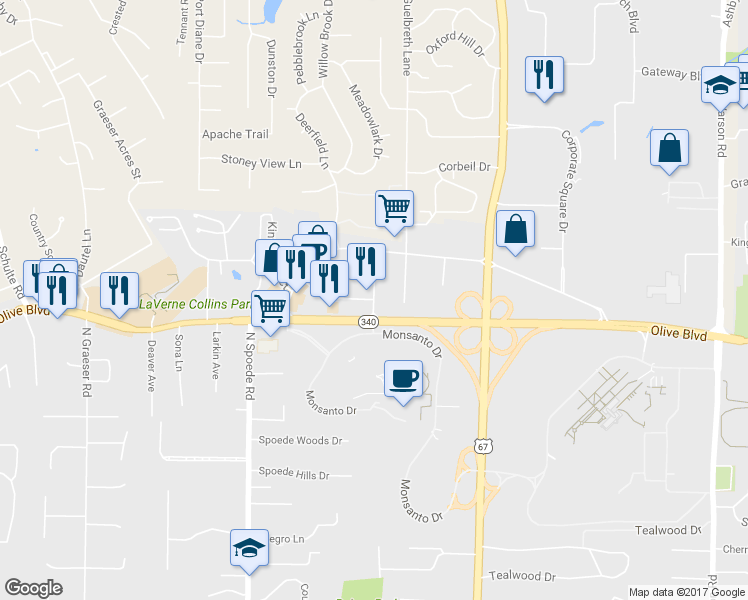 map of restaurants, bars, coffee shops, grocery stores, and more near Pavillion Dr in Creve Coeur