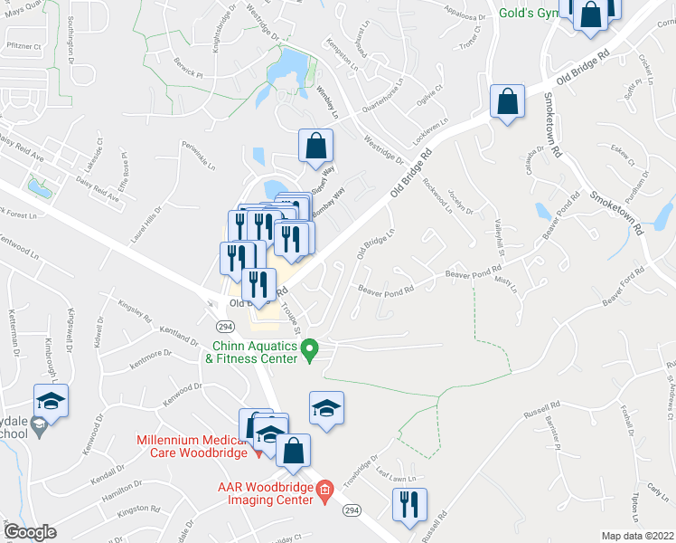 map of restaurants, bars, coffee shops, grocery stores, and more near 3992 Cressida Place in Woodbridge