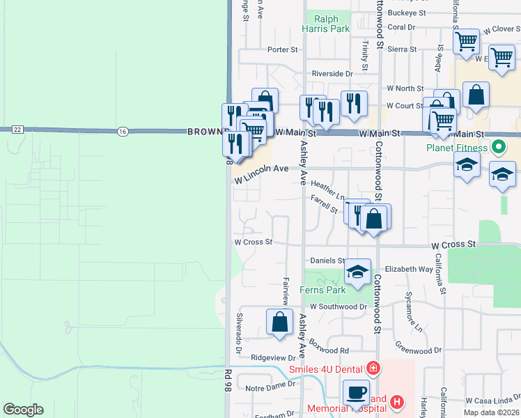map of restaurants, bars, coffee shops, grocery stores, and more near 833 Farrell Place in Woodland
