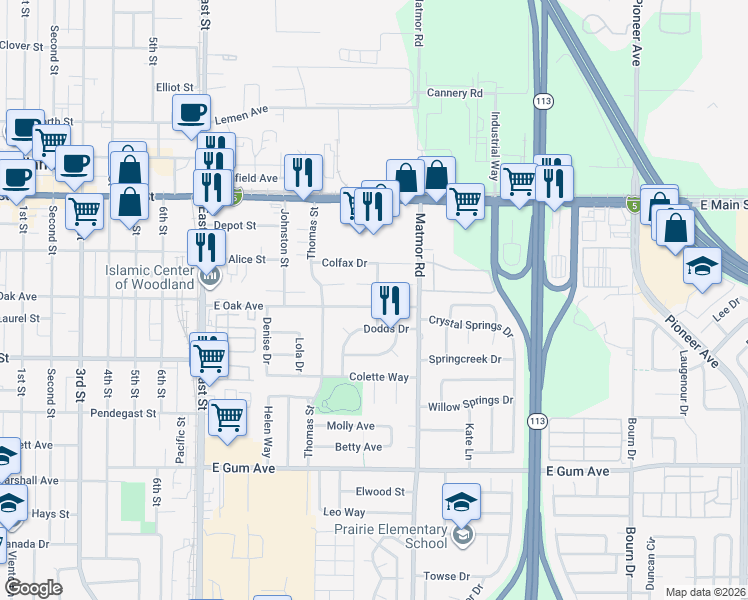 map of restaurants, bars, coffee shops, grocery stores, and more near 540 Geoffrey Street in Woodland