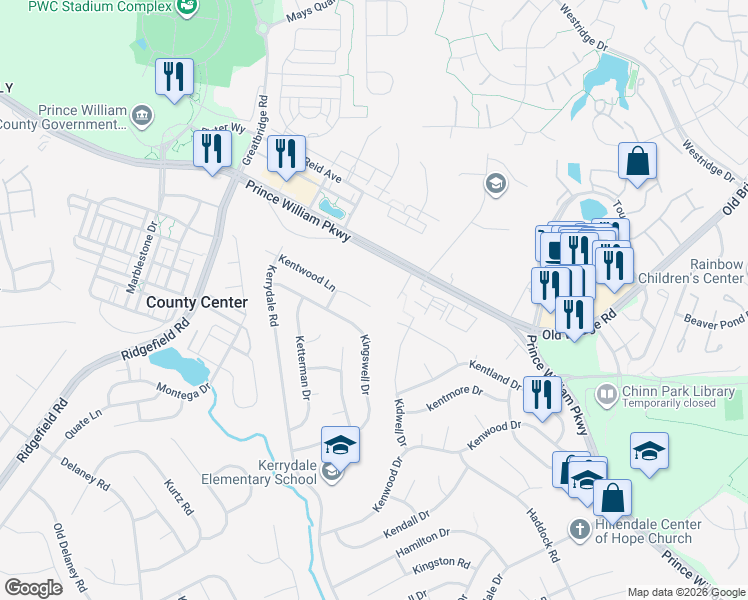 map of restaurants, bars, coffee shops, grocery stores, and more near 4602 Kentwood Lane in Woodbridge